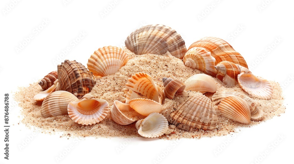 Poster a collection of seashells arranged on a white background