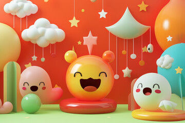Three happy cartoon characters in front of a bright orange background with stars, clouds, and a hanging crescent moon