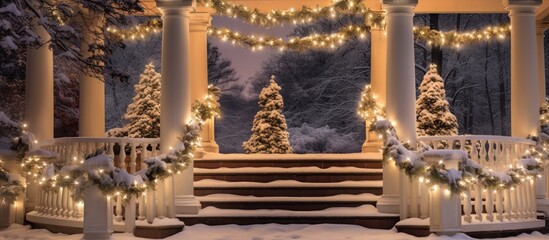 Fototapeta premium Snowy Winter Porch with Christmas Lights
