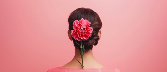 Ultra sharp image of a lady with a secret, concealing a vibrant carnation flower behind her back