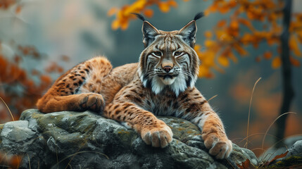 Obraz premium Photographie animalière d'un lynx couché sur une pierre dans son état naturel, faune sauvage des forêts d'Europe