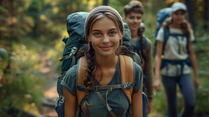 Fototapeta premium Groupe de trois adolescents (deux garçons une fille) avec un sac de randonnée font une promenade en forêt, activité d'extérieur, marche ou trek sportif