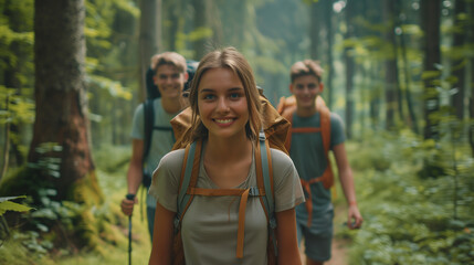Groupe de trois adolescents (deux garçons une fille) avec un sac de randonnée font une promenade en forêt, activité d'extérieur, marche ou trek sportif