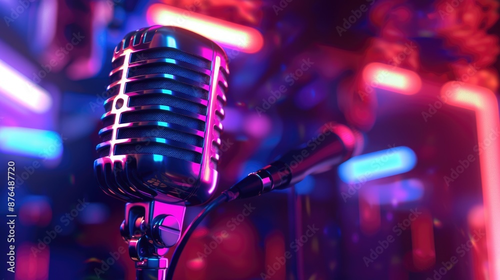 Poster A close-up view of a microphone on its stand, suitable for use in music or audio-related contexts