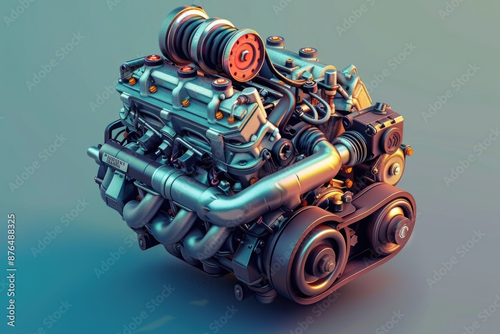 Poster a futuristic computer-generated engine sits on a bright blue background