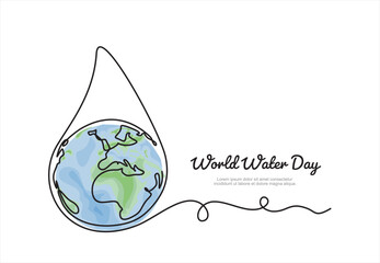 Fototapeta premium Continuous one line drawing earth in water droplets. World water day concept. Single line draw design vector graphic illustration. 