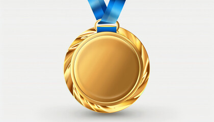 Gold medal with blue ribbon on white background symbol of victory and excellence in sports and competitions