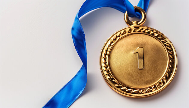 Gold medal with number one and blue ribbon on white background symbol of first place and achievement