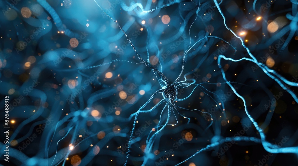 Poster a close-up image of a cluster of blue neurons