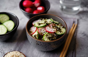 Seaweed radish cucumber salad in a bowl
