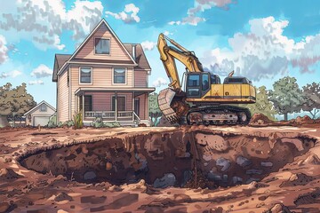 Fototapeta premium Yellow Excavator Digging Foundation Pit For Two-Story House