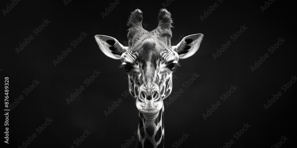 Poster a close-up image of a giraffe's face in black and white