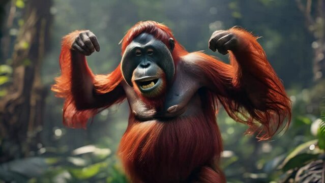 A lively orangutan dances joyfully in the lush jungle, showcasing its expressive and playful nature. Perfect for themes of wildlife, behavior, and the beauty of the natural world.