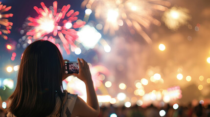 A woman captures a dazzling fireworks show with her smartphone, standing among a crowd of onlookers
