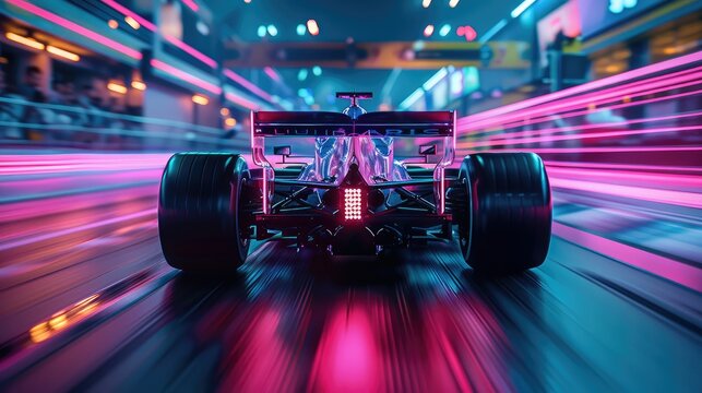 A formula car speeding down a track and taking a bend, neon blue and pink lighting, stretched lights. Generative AI. - Powered by Adobe