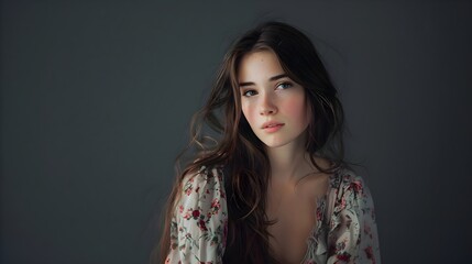 Fototapeta premium Portrait Young Woman Floral Dress Elegant Gaze Serene Beauty Natural Light Studio Shot