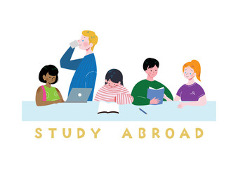 留学先の学校で白人や黒人のいろいろな国の友達とグループで机に座り勉強する日本人女性のイラスト　フラット
