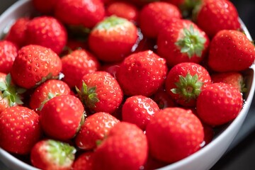 A close-up portrait of fresh, ripe strawberries with vivid red color and green leaves in a white bowl, showcasing their juicy texture and natural beauty. The delicious fruit is ready to eat.