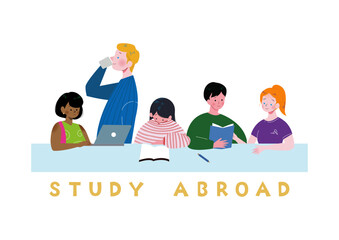 留学先の学校で白人や黒人のいろいろな国の友達とグループで机に座り勉強する日本人女性のイラスト　フラット  © Sami