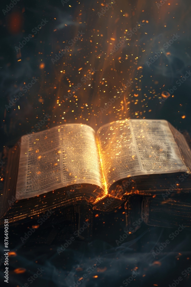 Poster a book lies open on a table with flames rising from the pages, conveying warmth and light