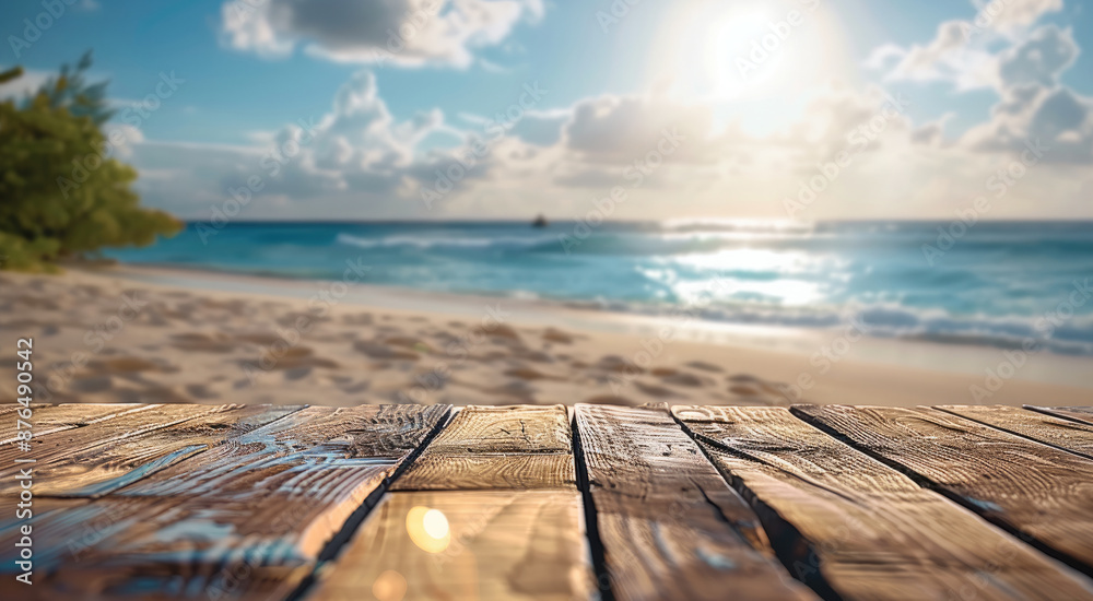 Aufkleber Empty wood table top with beach blurred background for product display. Generative AI.