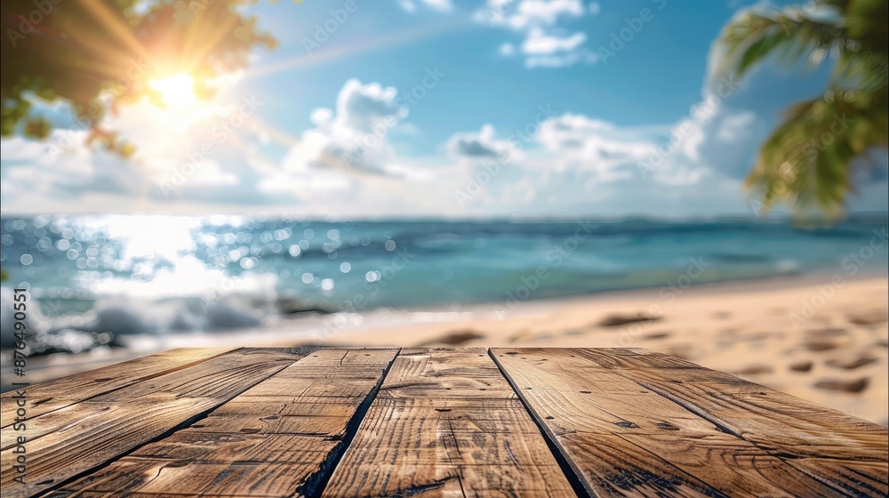 Poster Empty wood table top with beach blurred background for product display. Generative AI.