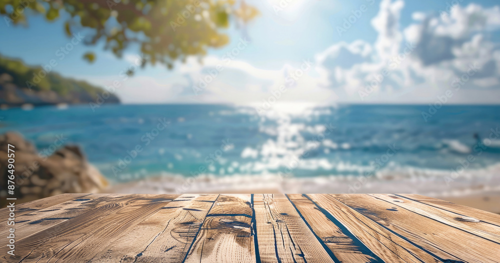 Aufkleber Empty wood table top with beach blurred background for product display. Generative AI.