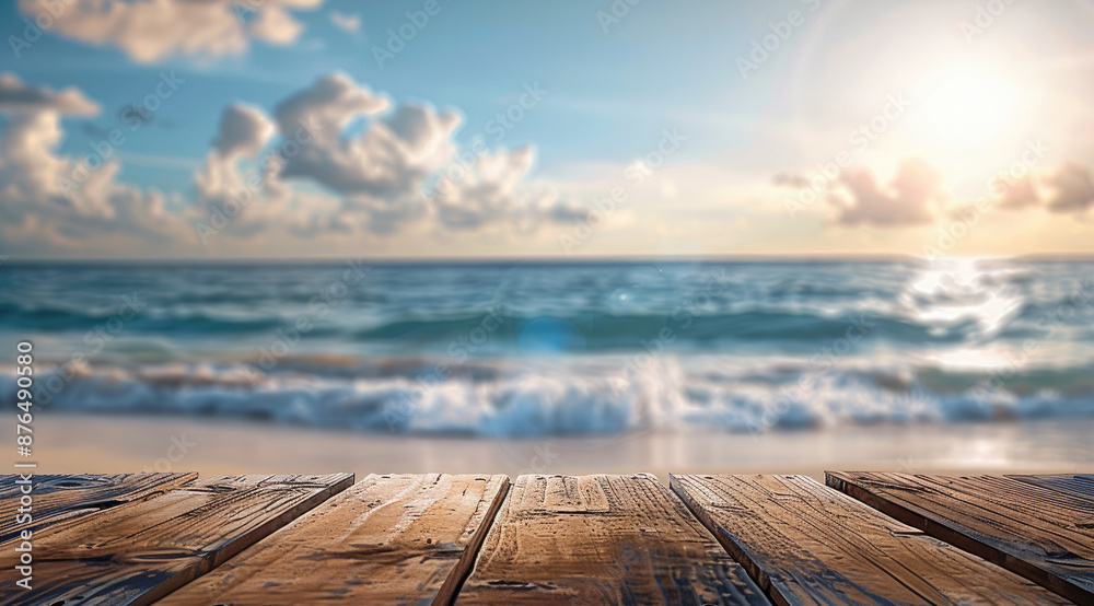Aufkleber Empty wood table top with beach blurred background for product display. Generative AI.
