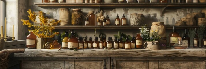 Serene herbal apothecary setting displays organic cosmetics, dried herbs, aromatic incense
