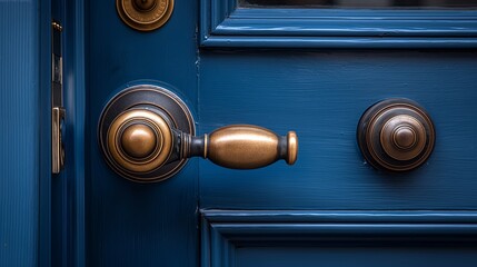Fototapeta premium Blue Door with Brass Handle and Lock, Perfect for Home and Security Themes