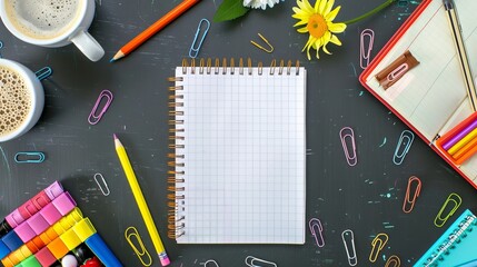 School materials arranged on a desk include a notebook page, pen, pencil, paper clips, coffee, and flower stickers. Blank note is taped in place. Education concept.