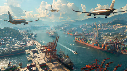 Cargo planes fly over a ship port, handling imports and exports with efficient logistics. Cranes load cargo onto ships in the harbor.