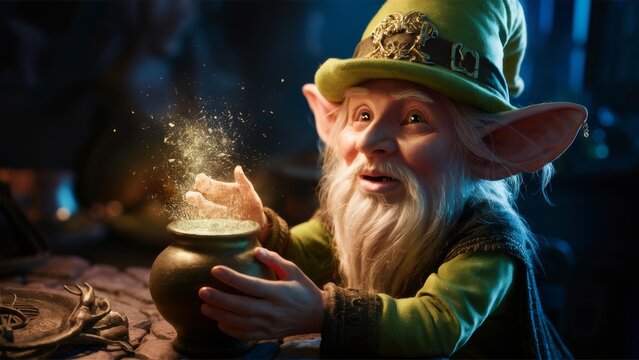 A gnome is pouring a potion into the pot on his head, AI