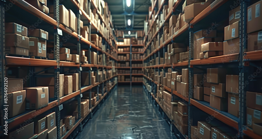Aufkleber Boxes stored on shelves in a warehouse. Generative AI.