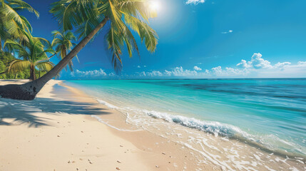 Fototapeta premium Escape to paradise this summer with a blissful beach vacation. Pristine sands, swaying palm trees, and turquoise waters await your arrival.