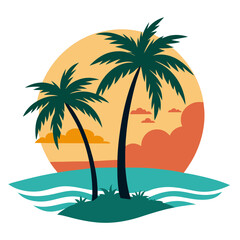 Tropical Beach Scene Watercolor Silhouette Vector