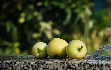 Apples on the table in the garden