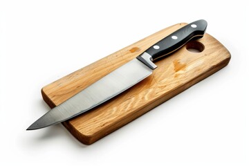 A close-up shot of a chef's essential tools, a sharp knife and a worn wooden cutting board, ready for culinary action. The knife's blade glimmers in the light, highlighting its sharpness.