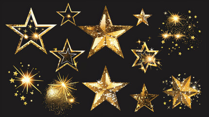 Gold glittering star icons. Set of sparkling stars.