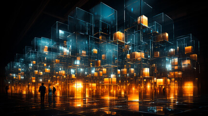 Obraz premium A group of people are walking through a building with many windows