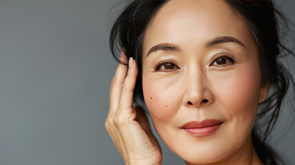Middle-aged Asian woman with natural makeup shows off her beautiful skin. She takes care of her skin and uses products to keep it looking young and healthy.