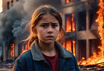 Obraz premium Child in Distress Amidst Flames