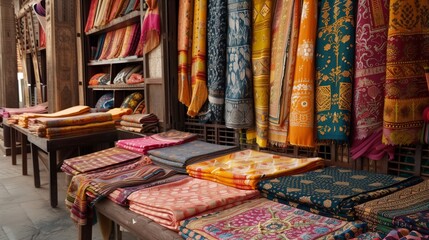 Vibrant market with traditionally crafted block-printed textiles, highlighting intricate designs and rich colors.