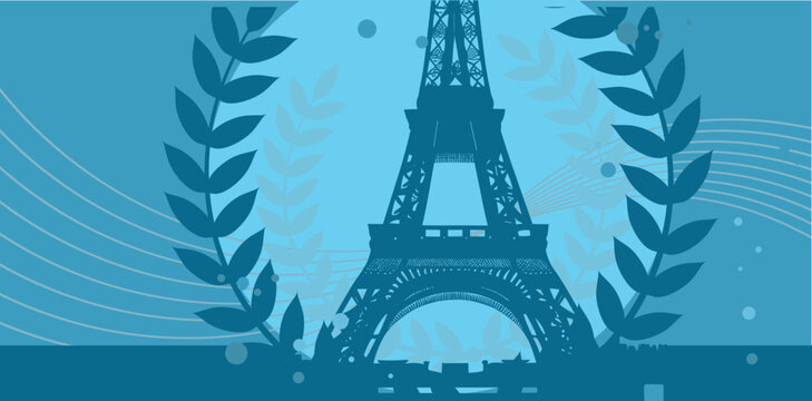 Paris , Eifel tower surrounded by laurel wreath, victory, sports - blue vector background with empty space for text, banner