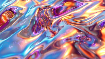 Shimmering, iridescent fluid waves dance and swirl in motion. Its holographic metallic surface reflects vibrant colors, creating a captivating and dynamic background.