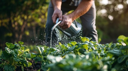 Obraz premium Man watering plants in his garden