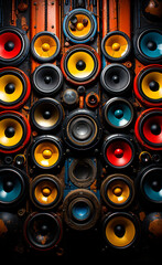 A colorful image of many different colored speakers