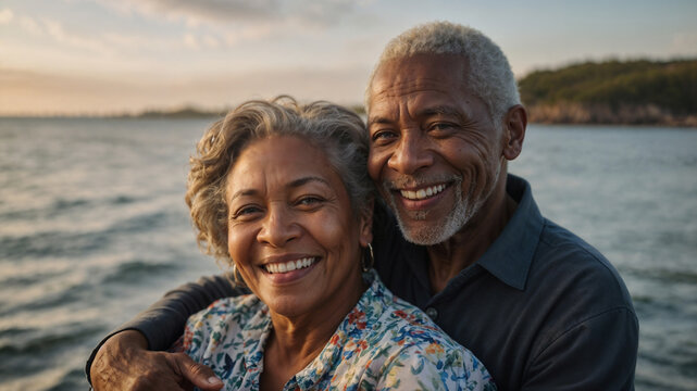 Coppia di anziani di origine afro americana sorridono felici in riva al mare