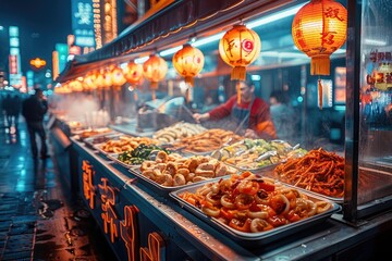 Night Market Food Stalls. Generative AI