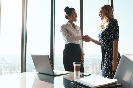 Business, woman and handshake for recruitment deal in office with hiring success, paralegal intern and offer. Law firm, attorney and shaking hands for welcome, introduction or partnership meeting